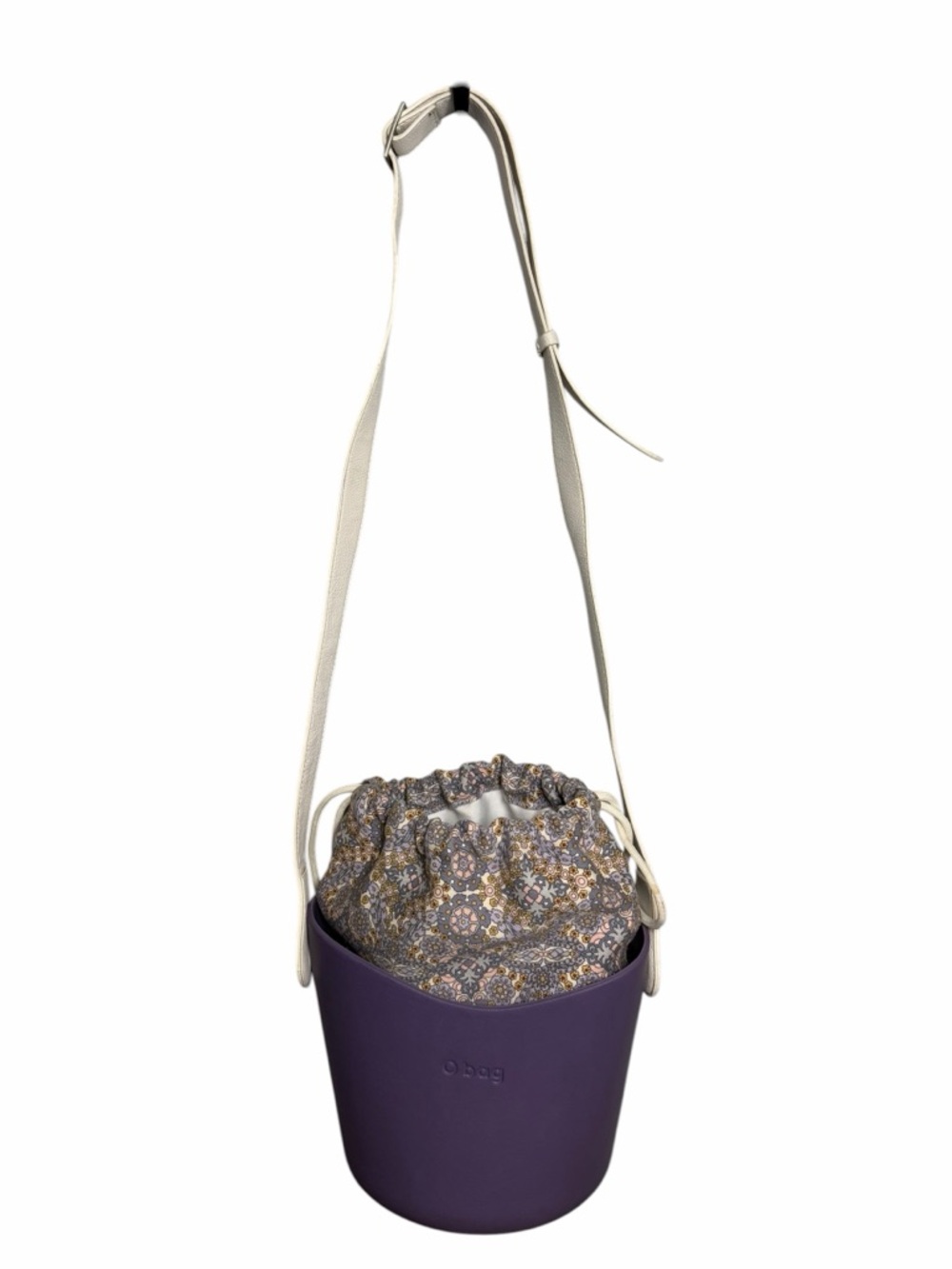O bag Purple Bucket Crossbody with Floral Drawstring Insert and Cream Strap